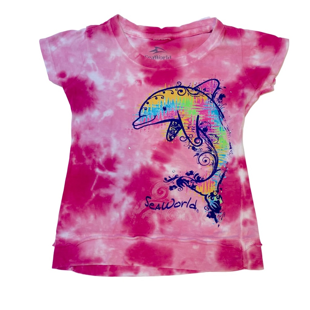 SeaWorld Girls Short Sleeve Tie-dyed Top Shirt Dolphin Print Small